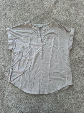 Lucky Brand Mixed Media Womens Top Henley Size Medium Beige Short Sleeve *Read